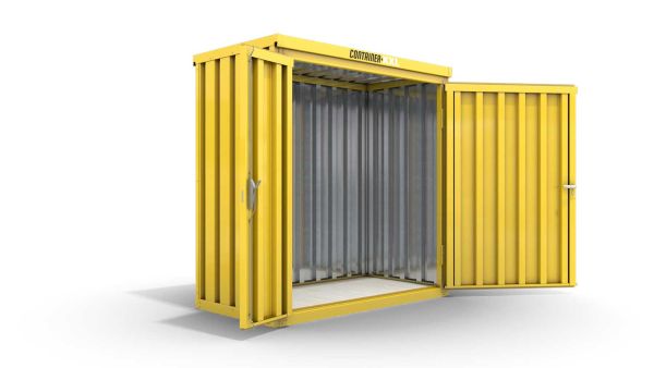 Lagercontainer S  – 4 qm, H2150 x B2100 x T2170 mm, Außenwandlackierung RAL 1003 signalgelb, Dach außen verzinkt, mit Holzfußboden, 1830 mm Doppelflügeltür mittig in Breitseite, montiert