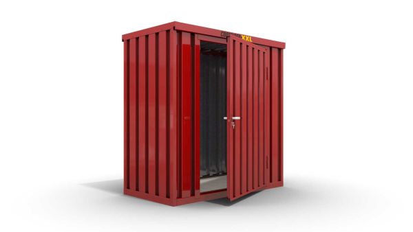 Lagercontainer XS  – 2 qm, H2150 x B2100 x T1140 mm, Außenwandlackierung RAL 3000 feuerrot, Dach außen verzinkt, mit Holzfußboden, 1270 mm Einflügeltür mittig in Breitseite, montiert