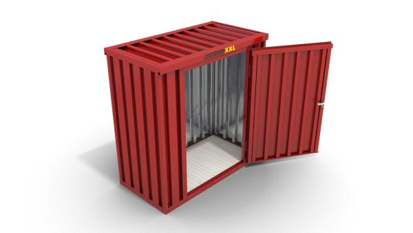 Lagercontainer S  – 4 qm, H2150 x B2100 x T2170 mm, Außenwandlackierung RAL 3000 feuerrot, Dach außen verzinkt, mit Holzfußboden, 1270 mm Einflügeltür mittig in Breitseite, montiert