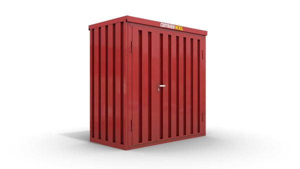 Lagercontainer XS  – 2 qm, H2150 x B2100 x T1140 mm, Außenwandlackierung RAL 3000 feuerrot, Dach außen verzinkt, mit Holzfußboden, 1830 mm Doppelflügeltür mittig in Breitseite, montiert