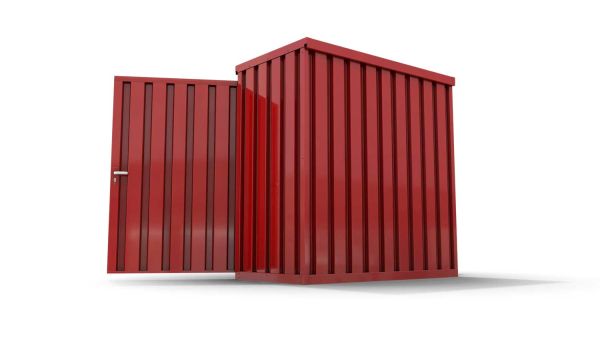 Lagercontainer XS  – 2 qm, H2150 x B2100 x T1140 mm, Außenwandlackierung RAL 3000 feuerrot, Dach außen verzinkt, mit Holzfußboden, 1830 mm Doppelflügeltür mittig in Breitseite, montiert