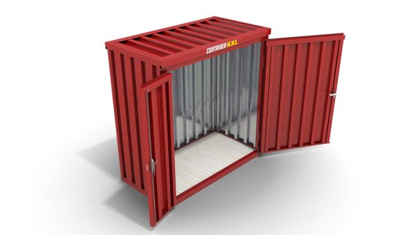 Lagercontainer S  – 4 qm, H2150 x B2100 x T2170 mm, Außenwandlackierung RAL 3000 feuerrot, Dach außen verzinkt, mit Holzfußboden, 1830 mm Doppelflügeltür mittig in Breitseite, montiert