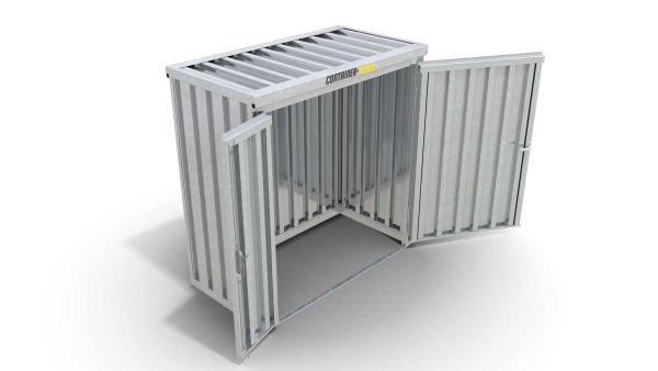 Lagercontainer XS  – 2 qm, H2115 x B2100 x T1140 mm, verzinkt, ohne Fußboden, 1830 mm Doppelflügeltür mittig in Breitseite, zerlegt