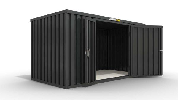 Lagercontainer XXL++  – 14 qm, H2595 x B6020 x T2540 mm, Außenwandlackierung anthrazit, Dach außen verzinkt, mit Holzfußboden, 1830 mm Doppelflügeltür mittig in Breitseite, Erfolgt montiert als Schnellbausatz mit Montageanleitung