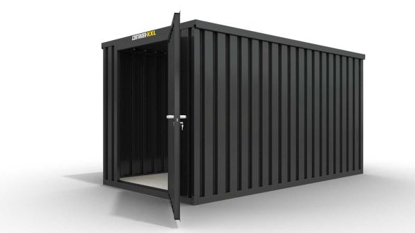 Lagercontainer XL  – 10 qm, H2150 x B5080 x T2170 mm, Außenwandlackierung anthrazit, Dach außen verzinkt, mit Holzfußboden, 1270 mm Einflügeltür mittig in Stirnseite, montiert