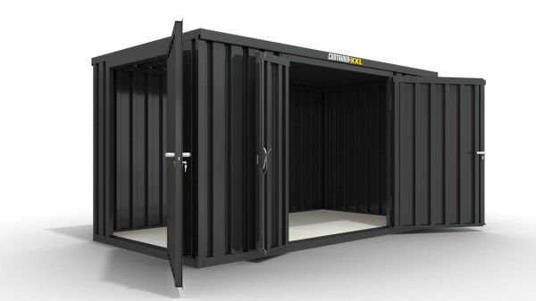 Lagercontainer XL  – 10 qm, H2150 x B5080 x T2170 mm, Außenwandlackierung anthrazit, Dach außen verzinkt, mit Holzfußboden, 1830 mm Doppelflügeltür mittig in Breitseite und 1270 mm Einflügeltür mittig in Stirnseite, montiert