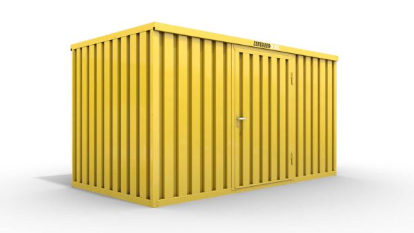 Lagercontainer M  – 6 qm, H2150 x B3050 x T2170 mm, Außenwandlackierung RAL 1003 signalgelb, Dach außen verzinkt, mit Holzfußboden, 1270 mm Einflügeltür mittig in Breitseite, montiert