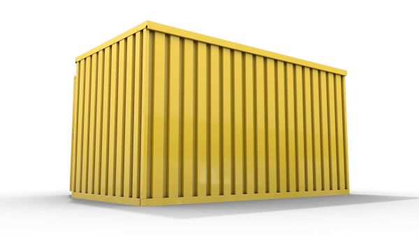 Lagercontainer M  – 6 qm, H2150 x B3050 x T2170 mm, Außenwandlackierung RAL 1003 signalgelb, Dach außen verzinkt, mit Holzfußboden, 1270 mm Einflügeltür mittig in Breitseite, montiert