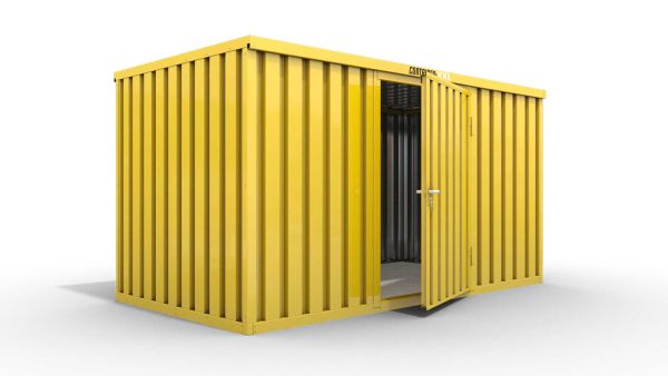 Lagercontainer L  – 8 qm, H2150 x B4050 x T2170 mm, Außenwandlackierung RAL 1003 signalgelb, Dach außen verzinkt, mit Holzfußboden, 1270 mm Einflügeltür mittig in Breitseite, montiert