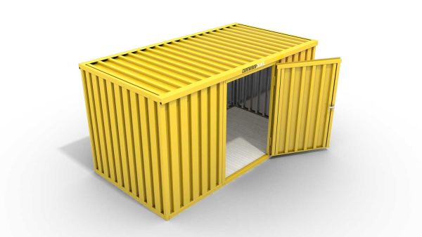 Lagercontainer XXL  – 12 qm, H2150 x B6080 x T2170 mm, Außenwandlackierung RAL 1003 signalgelb, Dach außen verzinkt, mit Holzfußboden, 1270 mm Einflügeltür mittig in Breitseite, montiert