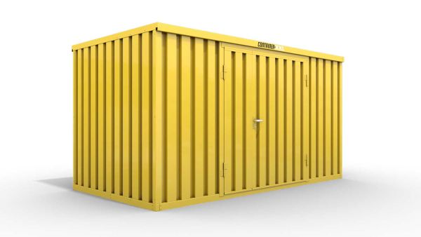 Lagercontainer M  – 6 qm, H2150 x B3050 x T2170 mm, Außenwandlackierung RAL 1003 signalgelb, Dach außen verzinkt, mit Holzfußboden, 1830 mm Doppelflügeltür mittig in Breitseite, montiert