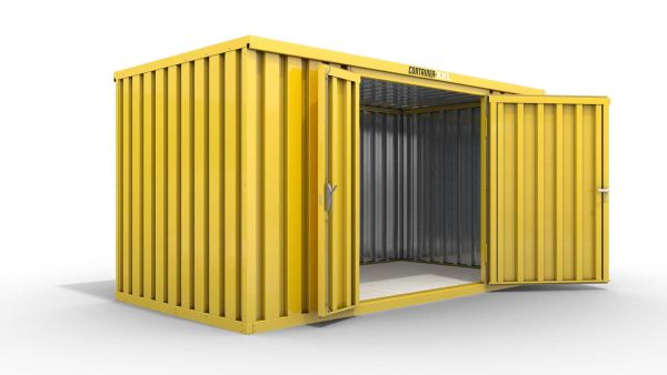 Lagercontainer M  – 6 qm, H2150 x B3050 x T2170 mm, Außenwandlackierung RAL 1003 signalgelb, Dach außen verzinkt, mit Holzfußboden, 1830 mm Doppelflügeltür mittig in Breitseite, montiert