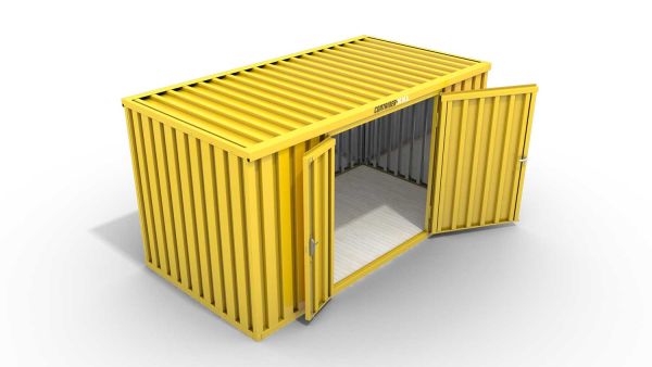 Lagercontainer M  – 6 qm, H2150 x B3050 x T2170 mm, Außenwandlackierung RAL 1003 signalgelb, Dach außen verzinkt, mit Holzfußboden, 1830 mm Doppelflügeltür mittig in Breitseite, montiert