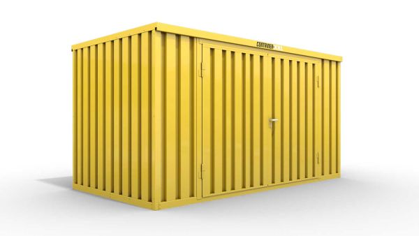 Lagercontainer M  – 6 qm, H2150 x B3050 x T2170 mm, Außenwandlackierung RAL 1003 signalgelb, Dach außen verzinkt, mit Holzfußboden, 2750 mm Doppelflügeltür mittig in Breitseite, montiert