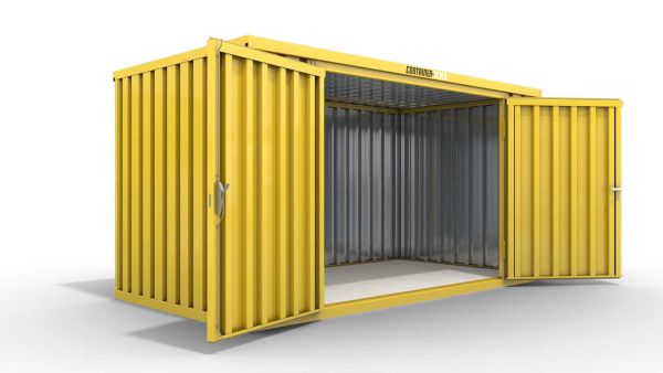 Lagercontainer XXL  – 12 qm, H2150 x B6080 x T2170 mm, Außenwandlackierung RAL 1003 signalgelb, Dach außen verzinkt, mit Holzfußboden, 2750 mm Doppelflügeltür mittig in Breitseite, montiert