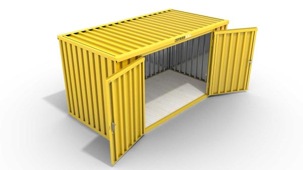 Lagercontainer XL  – 10 qm, H2150 x B5080 x T2170 mm, Außenwandlackierung RAL 1003 signalgelb, Dach außen verzinkt, mit Holzfußboden, 2750 mm Doppelflügeltür mittig in Breitseite, montiert