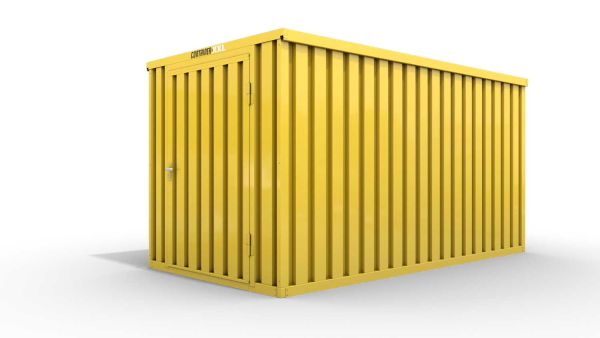 Lagercontainer L  – 8 qm, H2150 x B4050 x T2170 mm, Außenwandlackierung RAL 1003 signalgelb, Dach außen verzinkt, mit Holzfußboden, 1270 mm Einflügeltür mittig in Stirnseite, montiert