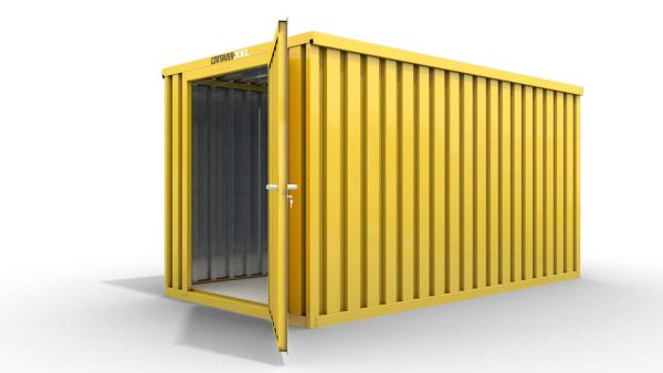 Lagercontainer M  – 6 qm, H2150 x B3050 x T2170 mm, Außenwandlackierung RAL 1003 signalgelb, Dach außen verzinkt, mit Holzfußboden, 1270 mm Einflügeltür mittig in Stirnseite, montiert