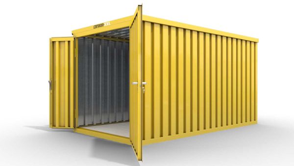 Lagercontainer L  – 8 qm, H2150 x B4050 x T2170 mm, Außenwandlackierung RAL 1003 signalgelb, Dach außen verzinkt, mit Holzfußboden, 1830 mm Doppelflügeltür mittig in Stirnseite, montiert