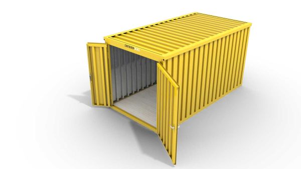 Lagercontainer XXL++  – 14 qm, H2595 x B6020 x T2540 mm, Außenwandlackierung RAL 1003 signalgelb, Dach außen verzinkt, mit Holzfußboden, 1830 mm Doppelflügeltür mittig in Stirnseite, Erfolgt montiert als Schnellbausatz mit Montageanleitung