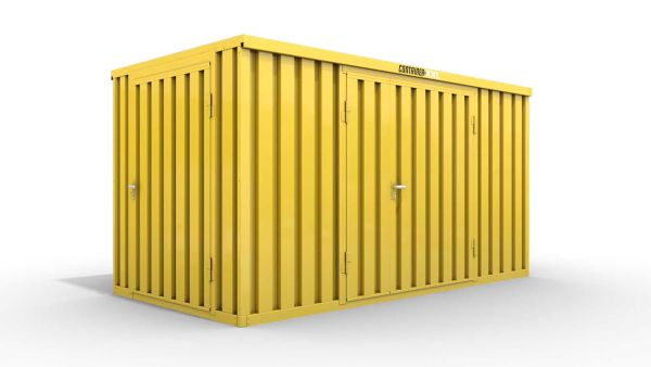 Lagercontainer M  – 6 qm, H2150 x B3050 x T2170 mm, Außenwandlackierung RAL 1003 signalgelb, Dach außen verzinkt, mit Holzfußboden, 1830 mm Doppelflügeltür mittig in Breitseite und 1270 mm Einflügeltür mittig in Stirnseite, montiert