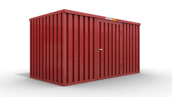 Lagercontainer M  – 6 qm, H2150 x B3050 x T2170 mm, Außenwandlackierung RAL 3000 feuerrot, Dach außen verzinkt, mit Holzfußboden, 1270 mm Einflügeltür mittig in Breitseite, montiert