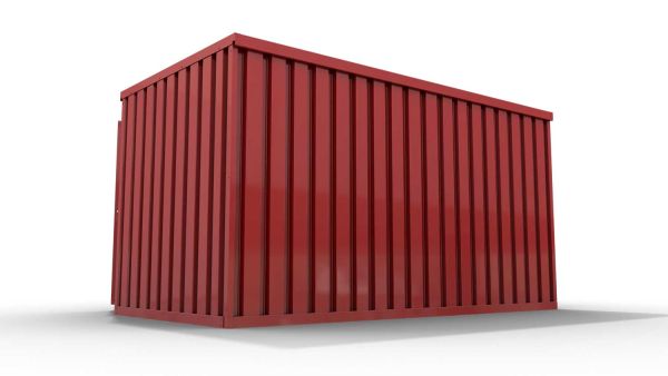 Lagercontainer M  – 6 qm, H2150 x B3050 x T2170 mm, Außenwandlackierung RAL 3000 feuerrot, Dach außen verzinkt, mit Holzfußboden, 1270 mm Einflügeltür mittig in Breitseite, montiert