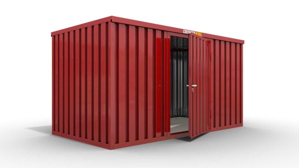 Lagercontainer XL  – 10 qm, H2150 x B5080 x T2170 mm, Außenwandlackierung RAL 3000 feuerrot, Dach außen verzinkt, mit Holzfußboden, 1270 mm Einflügeltür mittig in Breitseite, montiert