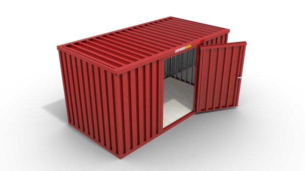 Lagercontainer M  – 6 qm, H2150 x B3050 x T2170 mm, Außenwandlackierung RAL 3000 feuerrot, Dach außen verzinkt, mit Holzfußboden, 1270 mm Einflügeltür mittig in Breitseite, montiert