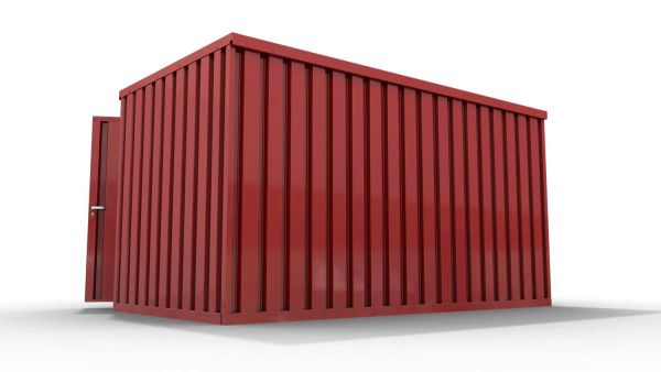 Lagercontainer L  – 8 qm, H2150 x B4050 x T2170 mm, Außenwandlackierung RAL 3000 feuerrot, Dach außen verzinkt, mit Holzfußboden, 1830 mm Doppelflügeltür mittig in Breitseite, montiert