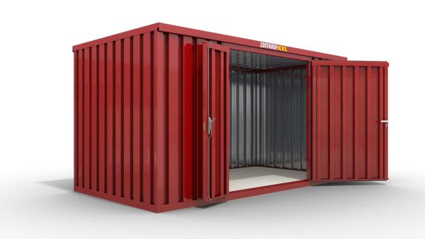 Lagercontainer L  – 8 qm, H2150 x B4050 x T2170 mm, Außenwandlackierung RAL 3000 feuerrot, Dach außen verzinkt, mit Holzfußboden, 1830 mm Doppelflügeltür mittig in Breitseite, montiert