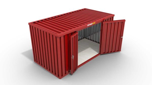 Lagercontainer L  – 8 qm, H2150 x B4050 x T2170 mm, Außenwandlackierung RAL 3000 feuerrot, Dach außen verzinkt, mit Holzfußboden, 1830 mm Doppelflügeltür mittig in Breitseite, montiert