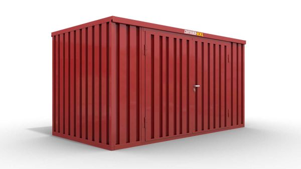 Lagercontainer XL  – 10 qm, H2150 x B5080 x T2170 mm, Außenwandlackierung RAL 3000 feuerrot, Dach außen verzinkt, mit Holzfußboden, 2750 mm Doppelflügeltür mittig in Breitseite, montiert