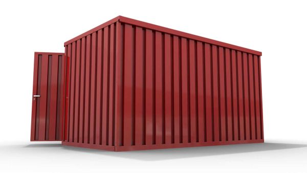 Lagercontainer M  – 6 qm, H2150 x B3050 x T2170 mm, Außenwandlackierung RAL 3000 feuerrot, Dach außen verzinkt, mit Holzfußboden, 2750 mm Doppelflügeltür mittig in Breitseite, montiert