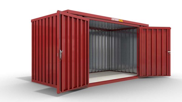 Lagercontainer XL  – 10 qm, H2150 x B5080 x T2170 mm, Außenwandlackierung RAL 3000 feuerrot, Dach außen verzinkt, mit Holzfußboden, 2750 mm Doppelflügeltür mittig in Breitseite, montiert