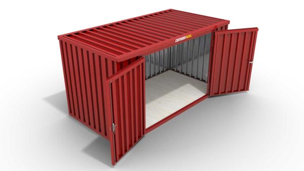 Lagercontainer XL  – 10 qm, H2150 x B5080 x T2170 mm, Außenwandlackierung RAL 3000 feuerrot, Dach außen verzinkt, mit Holzfußboden, 2750 mm Doppelflügeltür mittig in Breitseite, montiert