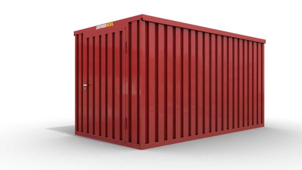 Lagercontainer L  – 8 qm, H2150 x B4050 x T2170 mm, Außenwandlackierung RAL 3000 feuerrot, Dach außen verzinkt, mit Holzfußboden, 1270 mm Einflügeltür mittig in Stirnseite, montiert