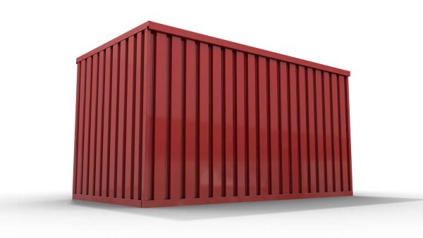 Lagercontainer XXL  – 12 qm, H2150 x B6080 x T2170 mm, Außenwandlackierung RAL 3000 feuerrot, Dach außen verzinkt, mit Holzfußboden, 1270 mm Einflügeltür mittig in Stirnseite, montiert