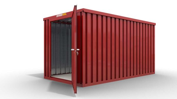 Lagercontainer L  – 8 qm, H2150 x B4050 x T2170 mm, Außenwandlackierung RAL 3000 feuerrot, Dach außen verzinkt, mit Holzfußboden, 1270 mm Einflügeltür mittig in Stirnseite, montiert