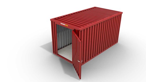 Lagercontainer M  – 6 qm, H2150 x B3050 x T2170 mm, Außenwandlackierung RAL 3000 feuerrot, Dach außen verzinkt, mit Holzfußboden, 1270 mm Einflügeltür mittig in Stirnseite, montiert