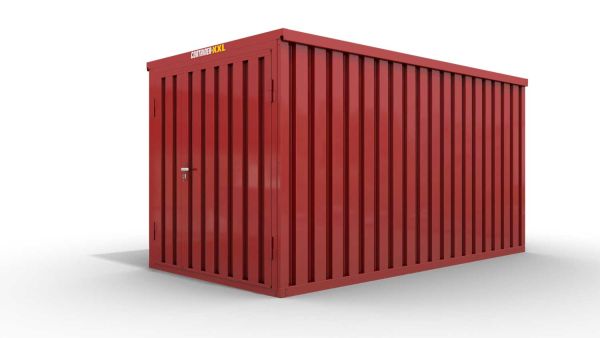 Lagercontainer M  – 6 qm, H2150 x B3050 x T2170 mm, Außenwandlackierung RAL 3000 feuerrot, Dach außen verzinkt, mit Holzfußboden, 1830 mm Doppelflügeltür mittig in Stirnseite, montiert