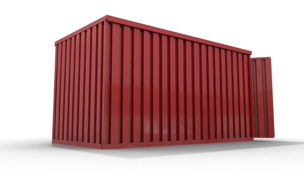 Lagercontainer M  – 6 qm, H2150 x B3050 x T2170 mm, Außenwandlackierung RAL 3000 feuerrot, Dach außen verzinkt, mit Holzfußboden, 1830 mm Doppelflügeltür mittig in Stirnseite, montiert