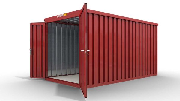 Lagercontainer L  – 8 qm, H2150 x B4050 x T2170 mm, Außenwandlackierung RAL 3000 feuerrot, Dach außen verzinkt, mit Holzfußboden, 1830 mm Doppelflügeltür mittig in Stirnseite, montiert