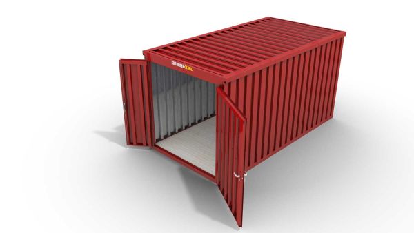 Lagercontainer M  – 6 qm, H2150 x B3050 x T2170 mm, Außenwandlackierung RAL 3000 feuerrot, Dach außen verzinkt, mit Holzfußboden, 1830 mm Doppelflügeltür mittig in Stirnseite, montiert