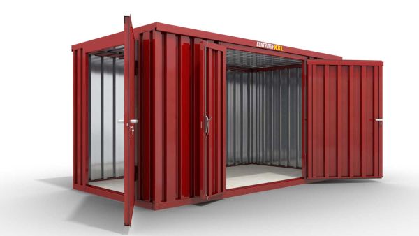 Lagercontainer M  – 6 qm, H2150 x B3050 x T2170 mm, Außenwandlackierung RAL 3000 feuerrot, Dach außen verzinkt, mit Holzfußboden, 1830 mm Doppelflügeltür mittig in Breitseite und 1270 mm Einflügeltür mittig in Stirnseite, montiert