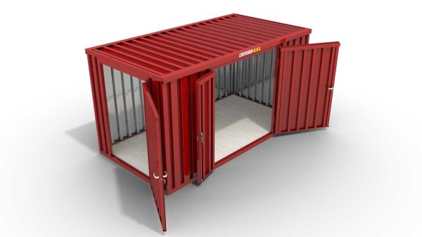 Lagercontainer L  – 8 qm, H2150 x B4050 x T2170 mm, Außenwandlackierung RAL 3000 feuerrot, Dach außen verzinkt, mit Holzfußboden, 1830 mm Doppelflügeltür mittig in Breitseite und 1270 mm Einflügeltür mittig in Stirnseite, montiert