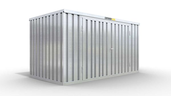 Lagercontainer M  – 6 qm, H2150 x B3050 x T2170 mm, verzinkt, mit Holzfußboden, 2750 mm Doppelflügeltür mittig in Breitseite, zerlegt