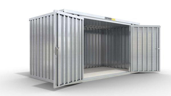 Lagercontainer XL  – 10 qm, H2150 x B5080 x T2170 mm, verzinkt, mit Holzfußboden, 2750 mm Doppelflügeltür mittig in Breitseite, zerlegt