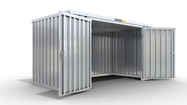 Lagercontainer XL  – 10 qm, H2115 x B5080 x T2170 mm, verzinkt, ohne Fußboden, 2750 mm Doppelflügeltür mittig in Breitseite, zerlegt