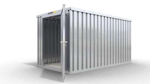 Lagercontainer XL  – 10 qm, H2150 x B5080 x T2170 mm, verzinkt, mit Holzfußboden, 1270 mm Einflügeltür mittig in Stirnseite, zerlegt